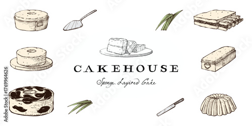 Classic layered sponge cake logo. Illustration of cake collection set element hand drawn vintage for poster, content, promotion, menu, banner, and sticker brand identity