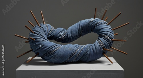 A jeanclad loopshaped object impaled with rusty metal rods rests on a grey pedestal