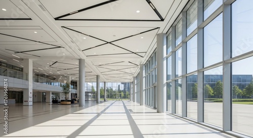 Modern office building interior with large windows and light