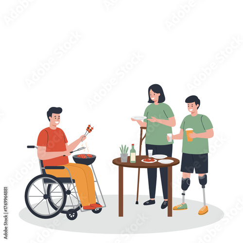 Disabled adults grilling and dining, promoting accessibility and joyful daily life.
