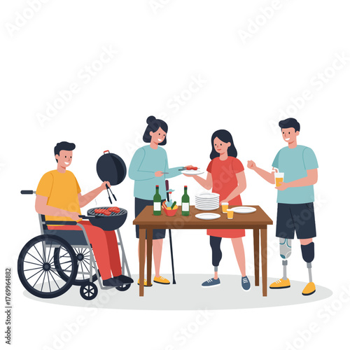 showing disabled individuals happily grilling food, setting tables, and pouring drinks. Focus on inclusion and daily life.
