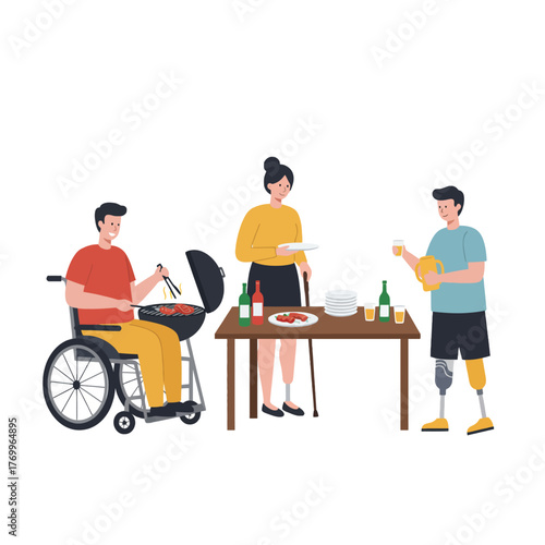 featuring disabled people enjoying a pastel backyard cookout. Accessibility, diversity, and joyful daily life concept art.
