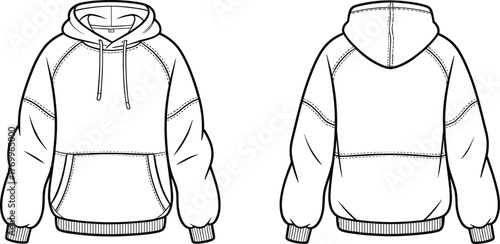 Hooded sweatshirt fashion illustration, raglan sleeve hoodie with kangaroo pocket and drawstring detail, cad drawing flat vector illustration