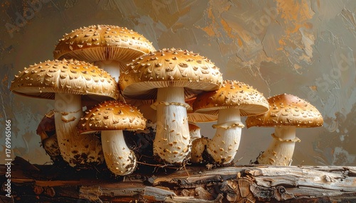 Cluster of Amanita Muscaria Mushrooms with Orange Caps and White Stems on a Log fungus fungi