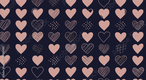 Seamless pattern of hand-drawn pink hearts in various styles on a dark background, perfect for romantic and affectionate themes.