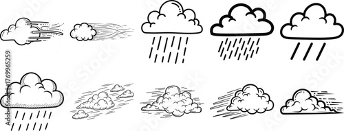 Diverse hand drawn cloud illustrations including rain effects and wind streaks, representing various weather conditions