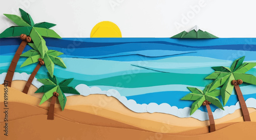 A charming papercraft scene of a sunny beach with palm trees and a distant island under a bright yellow sun