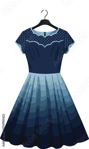 Dark blue dress vector illustration, scalloped bodice with polka dots and gradient skirt, fashion sketch, cad drawing flat vector illustration