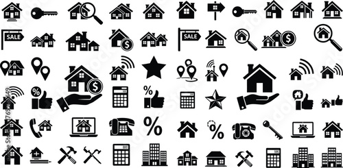 Extensive collection of real estate and property related icons representing houses, sales, and financial transactions