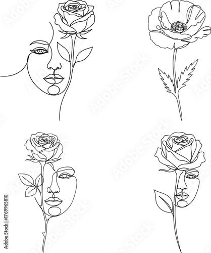 Focused series of elegant continuous line vector illustrations featuring serene female faces delicately combined with blooming roses and a striking single detailed poppy flower