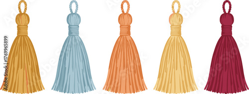 Colorful tassel vector illustration, decorative thread accents in fashion and craft design, home decor sketch, cad drawing flat vector illustration