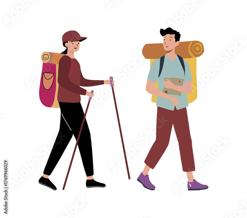 vector illustration of a young couple hiking carry backpack together 