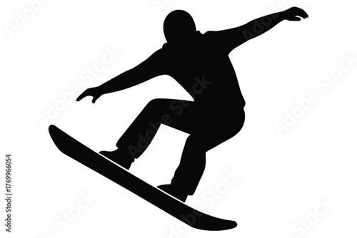 Silhouette of a snowboarder performing a trick, action sport
