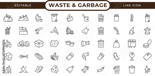 Garbage Line Icon Collection. Waste Sorting, Recycling, and Eco-Friendly Disposal Vector Pack