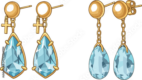 Gold earrings vector illustration, teardrop blue gemstone design, cross charm and chain styles, jewelry sketch, cad drawing flat vector illustration