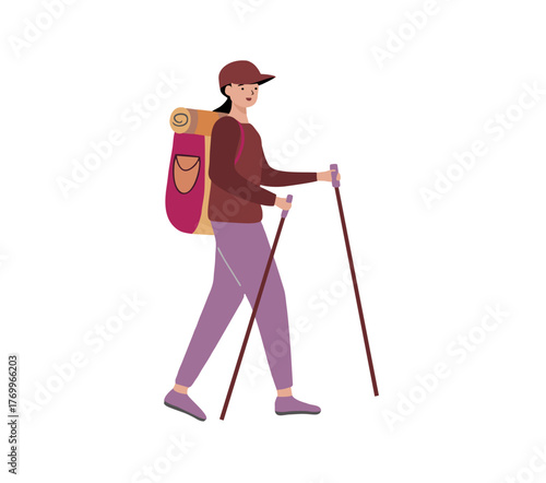 vector illustration of a young couple hiking carry backpack together