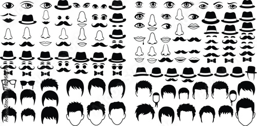 Set of black silhouette facial features including eyes, noses, mouths, mustaches, hats, and hairstyles for character creation