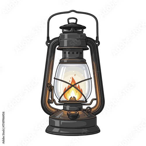 Vintage black kerosene lantern with a burning flame.