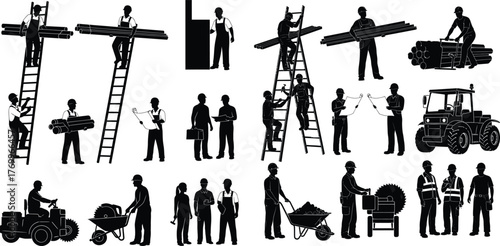 Silhouettes of construction workers and engineers performing various tasks on a site, including carrying materials, operating machinery, and reviewing plans on ladders