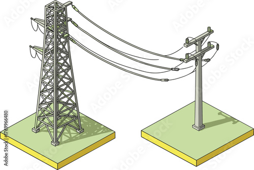 Electrical transmission tower vector, lattice steel pylon and utility pole comparison, power line infrastructure sketch, cad drawing flat vector illustration