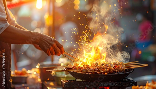 Detailed footage-style close-up of juicy satay skewers grilling over hot coals, vendor’s hands rotating them, smoke and glowing orange firelight
