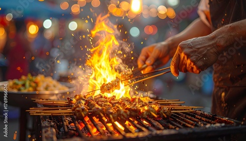 Detailed footage-style close-up of juicy satay skewers grilling over hot coals, vendor’s hands rotating them, smoke and glowing orange firelight