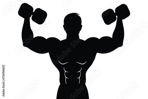 Silhouette of a muscular man lifting dumbbells for fitness concept
