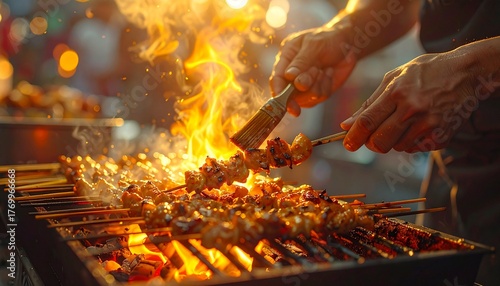 Close-up of a vendor’s hands fanning charcoal flames while grilling satay, sparks flying, warm evening street market atmosphere