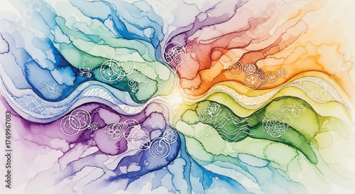 Abstract colorful waves symbolizing energy and light with shimmering glitter effect