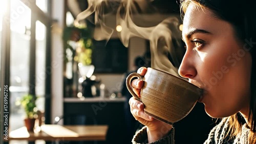Morning Warmth: Woman Enjoying Steaming Coffee in Cafe