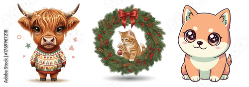Highland cow dog christmas wreath festive characters