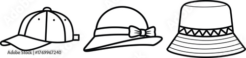 Line art drawing of a classic baseball cap, a cloche hat with a bow, and a textured bucket hat