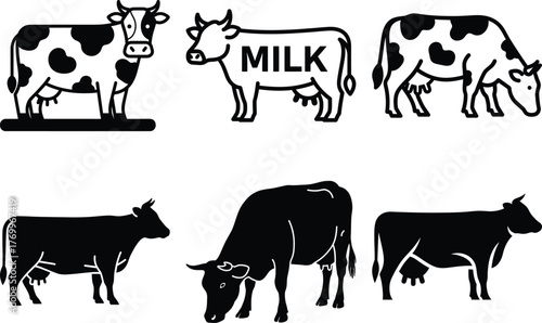Six monochrome vector illustrations of domestic cattle, including dairy cows standing and grazing for agriculture