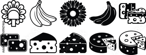 Varied collection of common food elements featuring sunflowers, ripe bananas, and sliced cheese for menu illustrations