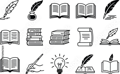 Collection of black and white icons depicting writing and reading book open book