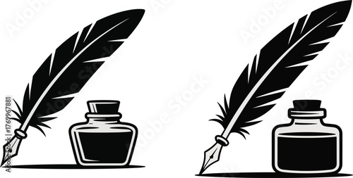 Black quill pen and inkwell on white background writing vintage