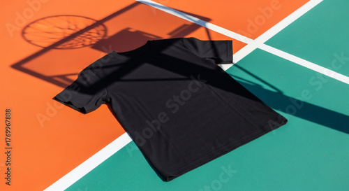 A plain black t-shirt lies on a vibrant orange and green basketball court, with a hoop shadow.