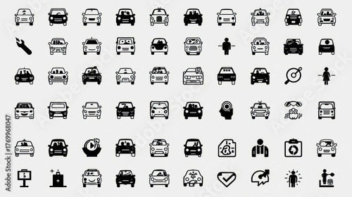 Diverse collection of modern car icons and symbols for automotive and transport themes
