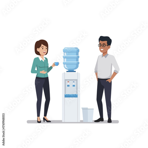 Office Water Cooler Conversation - Two Colleagues Chatting During a Break.