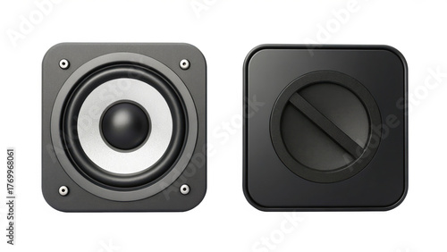 Two small square speakers isolated on transparent background, front and back view
