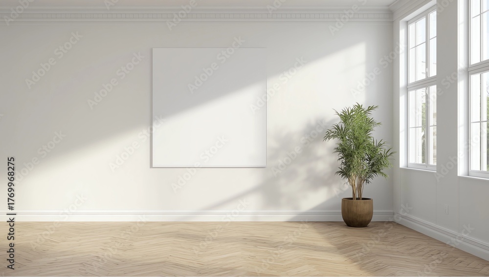 Fototapeta premium Clean home interior with door and empty billboard on wall 