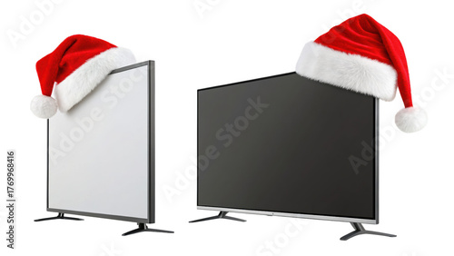 Two modern televisions with santa hats isolated on transparent background