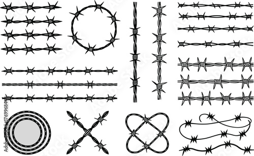 Collection of black and white barbed wire designs and elements fence sharp