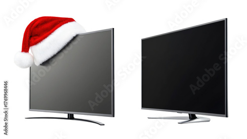Two modern televisions isolated on transparent background, one with a santa hat