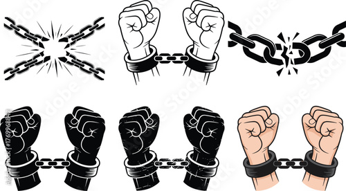 Broken chains and fists raised in freedom and struggle breaking chain link