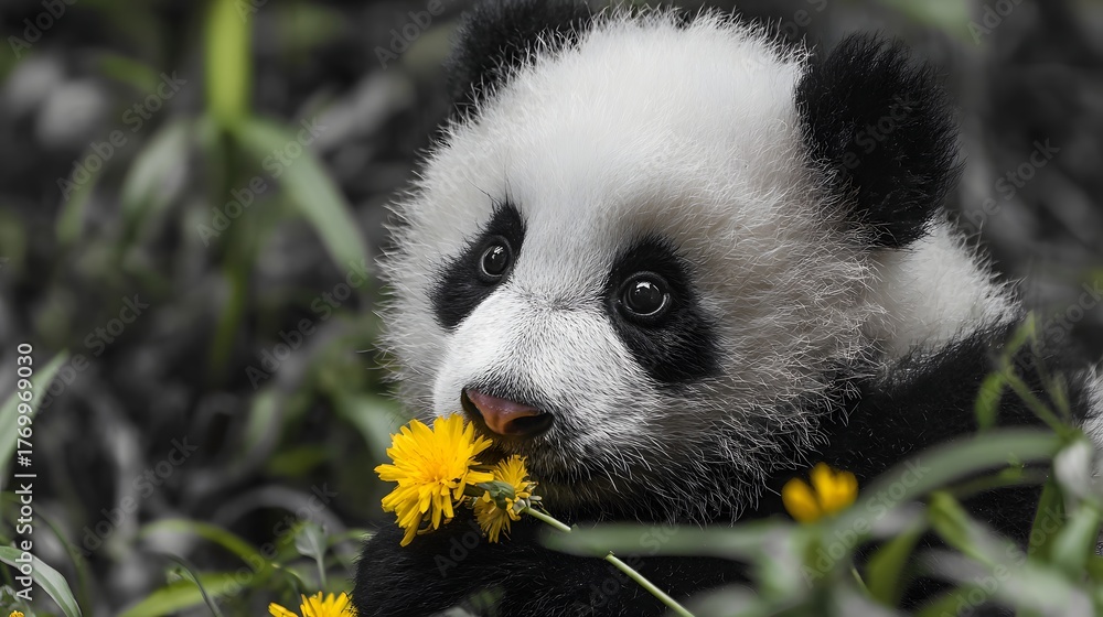 Obraz premium Young giant panda cub gently nibbles bright yellow blossoms amidst dark foliage