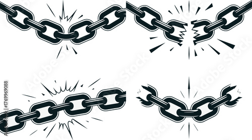 Broken chain links with radiating lines graphic elements metal connection