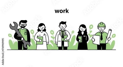 Diverse Professions Cartoon Illustration of Workers in Various Fields with Green Accents.