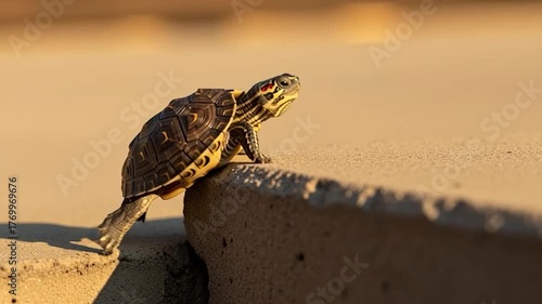 Small Turtle Climbing Over a Concrete Ledge in Warm Sunlight.