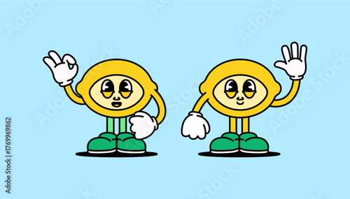 Two adorable lemon characters with big eyes, white gloves, and green shoes are happily waving. This cartoon vector design expresses friendliness, freshness, and joy, perfect for branding, stickers,
